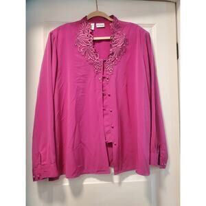 Womens Liz Baker Blouse Size 24w Magenta Button Up Front Long Sleeve.a30